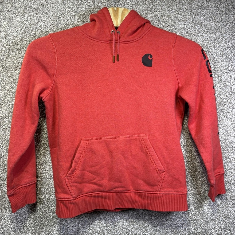 Carhartt Hoodie‎ Womens Large 12-14 Red Fleece Pullover Kangaroo Pocket Logo